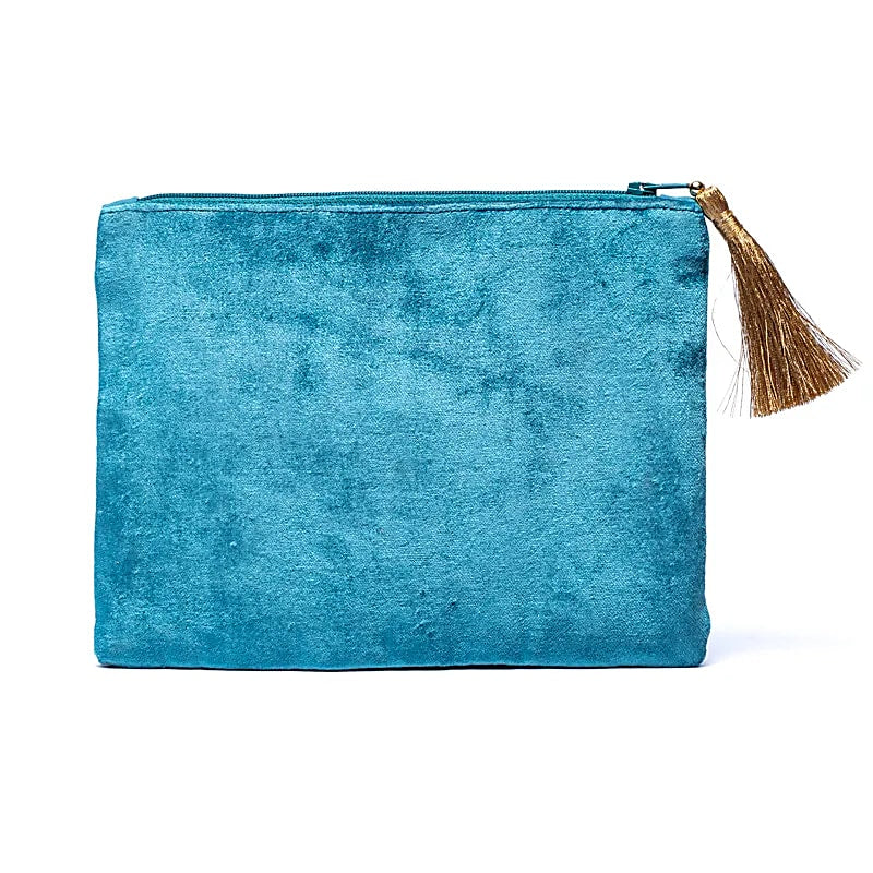 Zippered velvet pouch blue with flowers