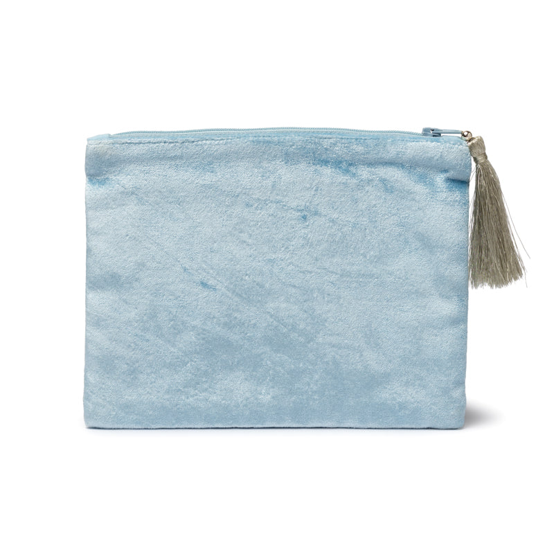 Bolsa de terciopelo azul con cremallera y alas de ángel