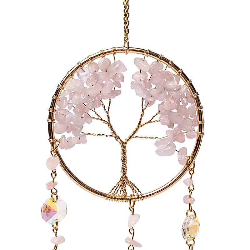 Atrapasoles con Árbol de la vida y cuarzo rosa: ±30 cm