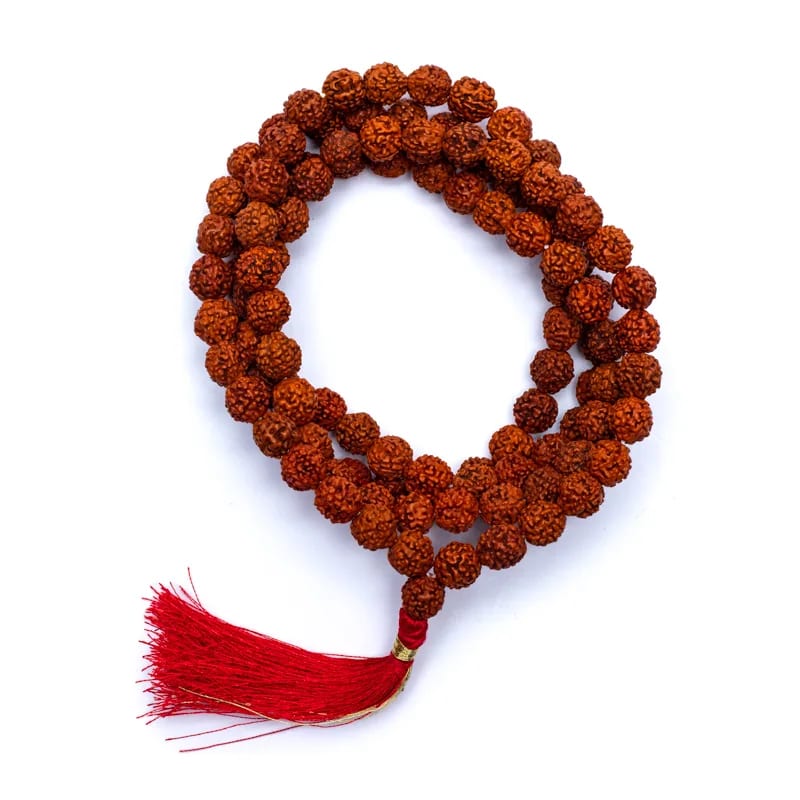 Mala Rudraksha 108 cuentas y borla roja