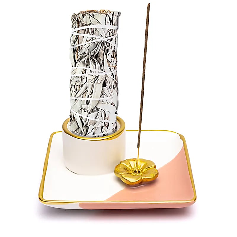Quemador de cerámica con flor rosa/blanco/dorado Smudge y Incienso