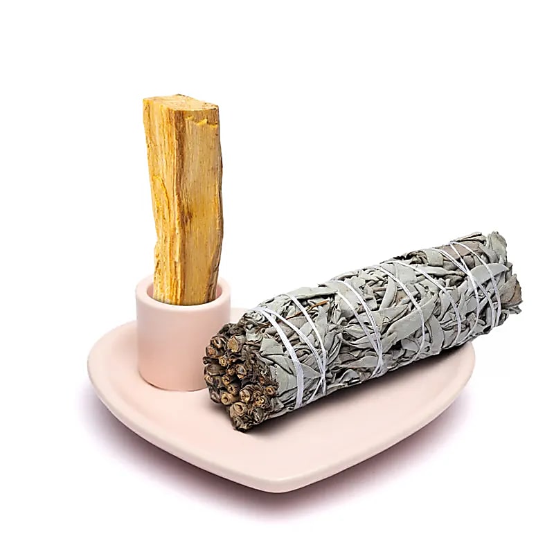 Keramik Smudgeschale und Palo Santo Halter herzförmig pastellrosa