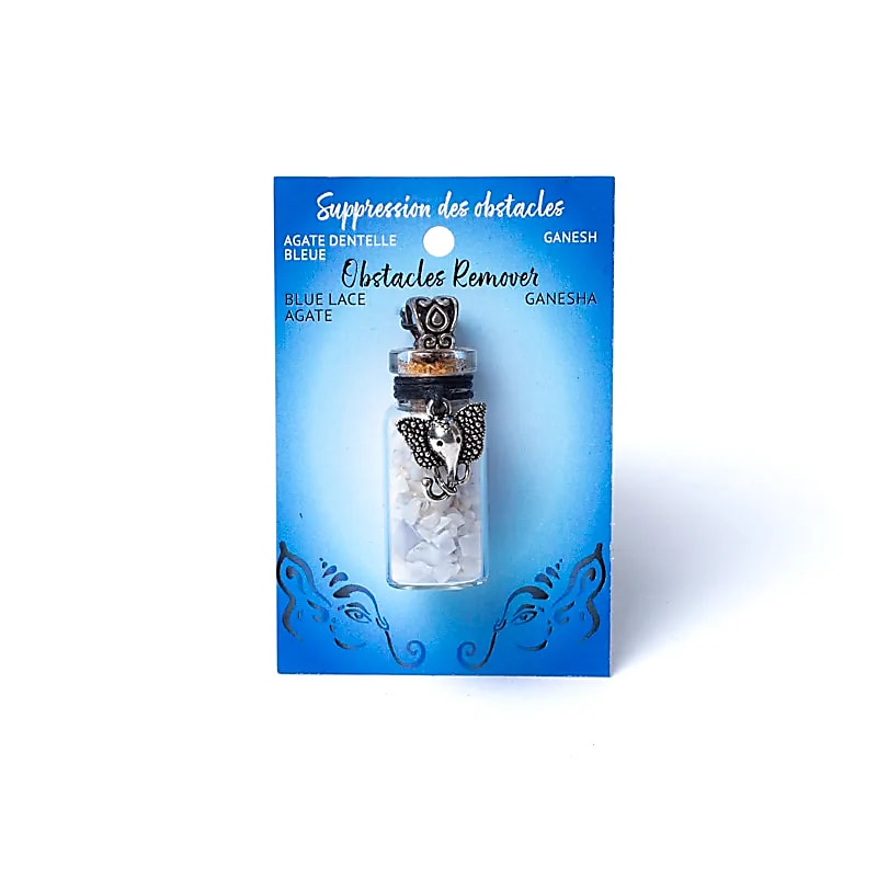 Glass gift bottle on chord with blue lace agate and Ganesha
