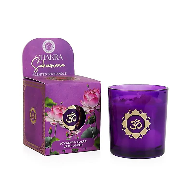 Bougie parfumée en cire de soja chakra Sahasrara oud & ambre