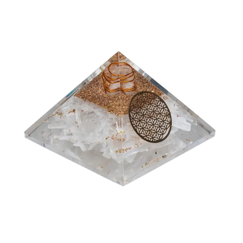 Orgonite piramide Selenite Fiore della vita