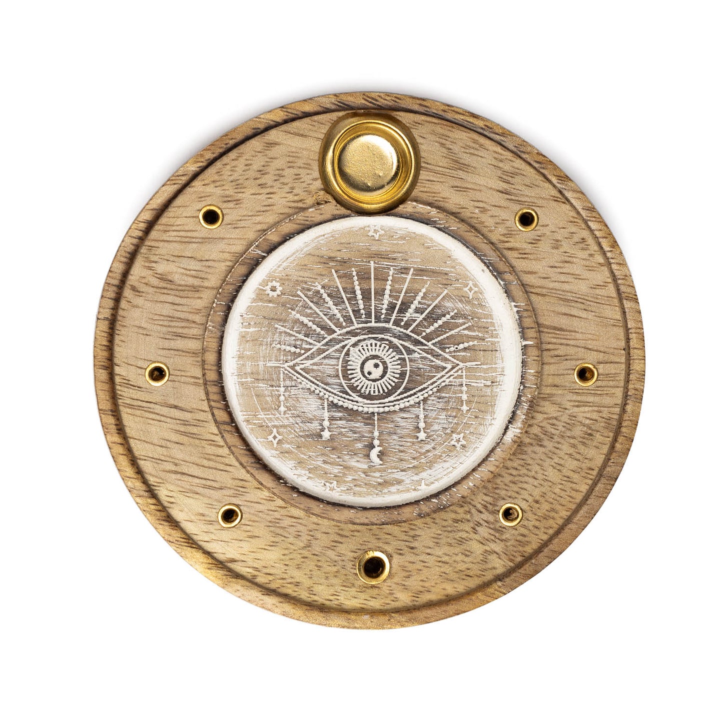 Porte-Encens Rond Œil Omnivoyant Bois de Manguier blanchi