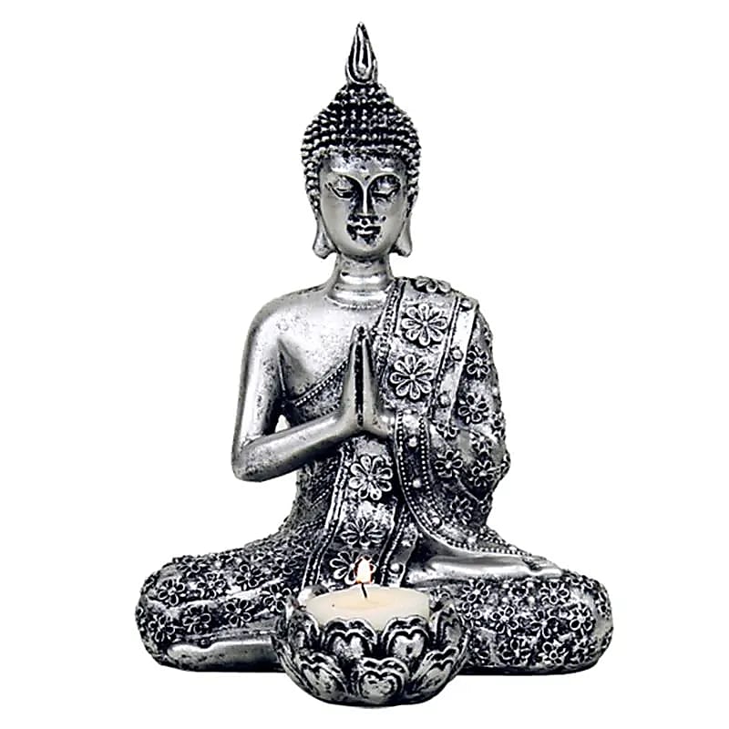 Buddha with candleholder silver coloured