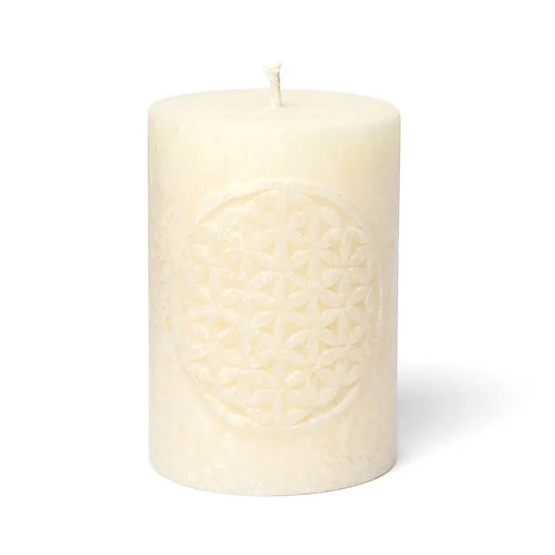 Vela votiva Flor de la Vida en relieve estearina blanco roto