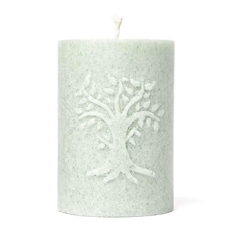 Vela votiva Árbol de la Vida en relieve estearina verde salvia