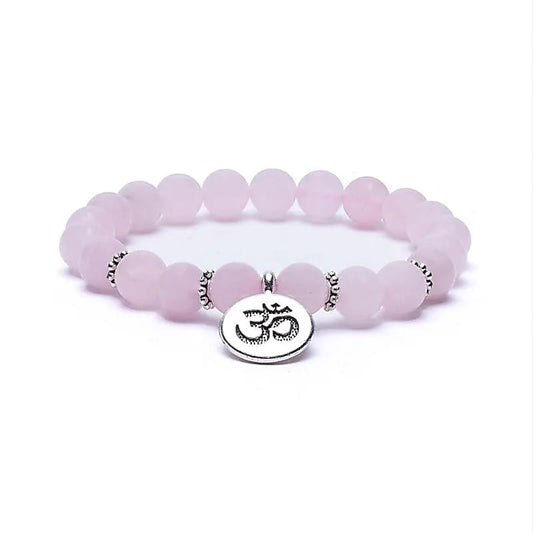 Mala /bracelet en quartz rose élastique avec Om