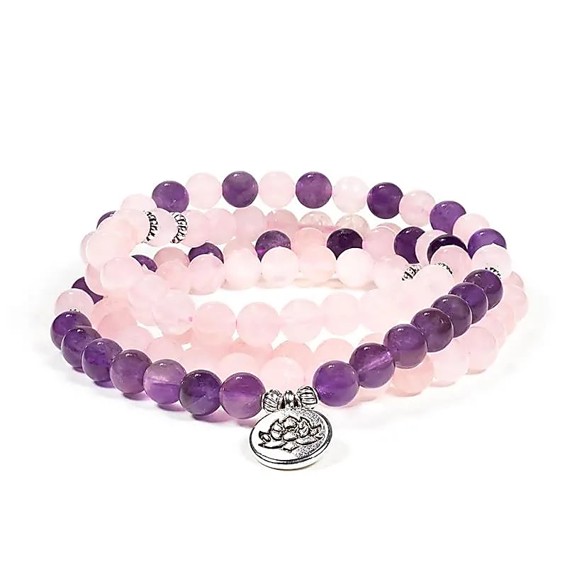 Mala quartz rose / améthyste élastique lotus