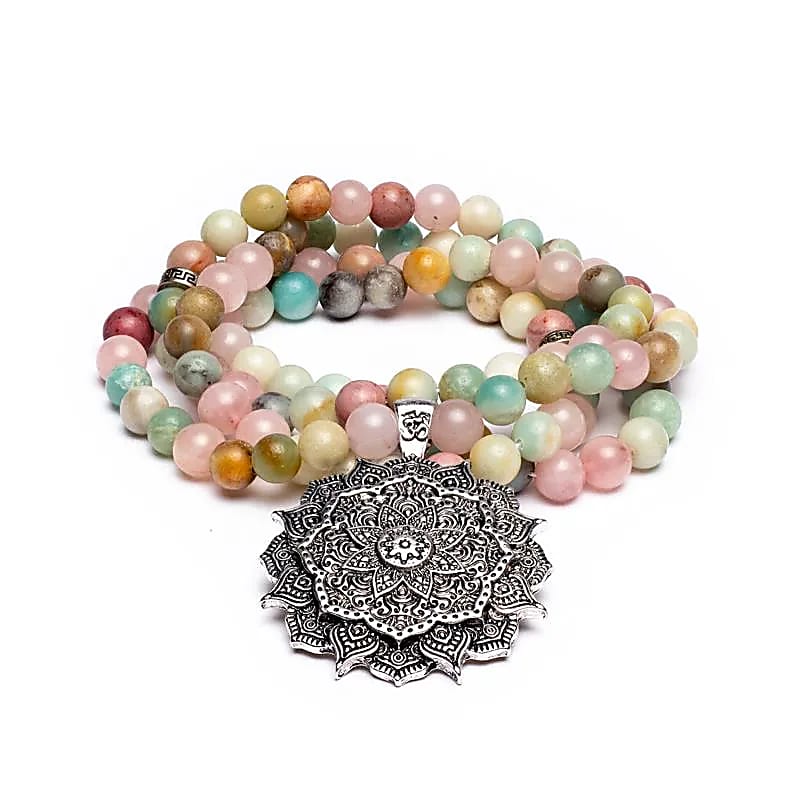 Mala Quarzo rosa/Amazzonite/Rodonite + loto