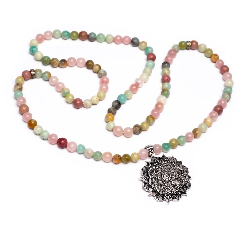 Mala Quarzo rosa/Amazzonite/Rodonite + loto