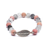 Mala/bracelet Rhodonite/ Quartz gris + plume