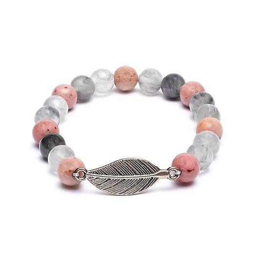 Mala/Armband Rhodonit/ grauer Quarz + Feder