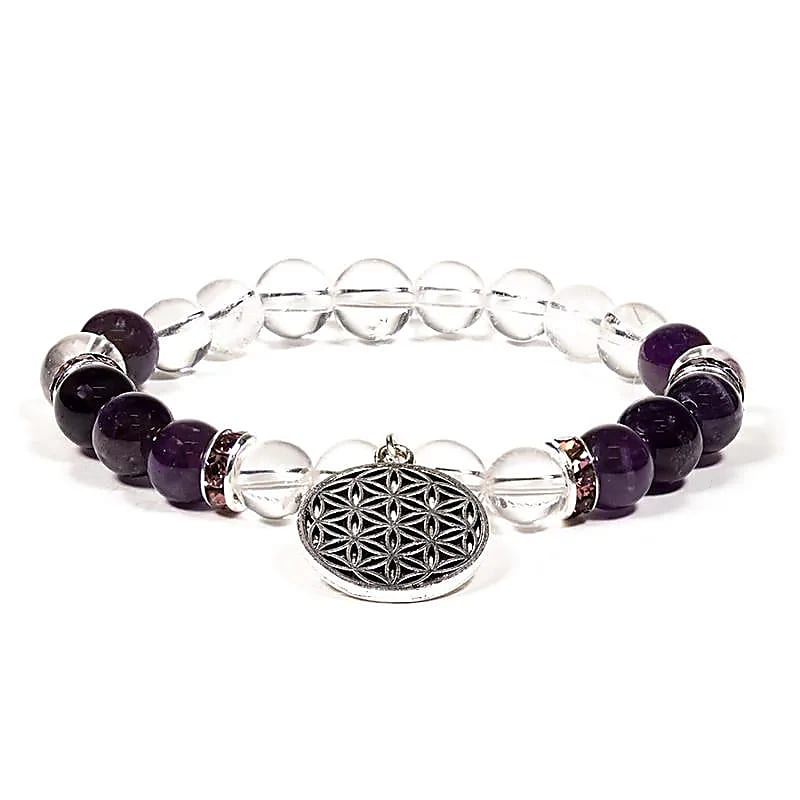Bracelet Cristal de roche / Améthyste + fleur de vie
