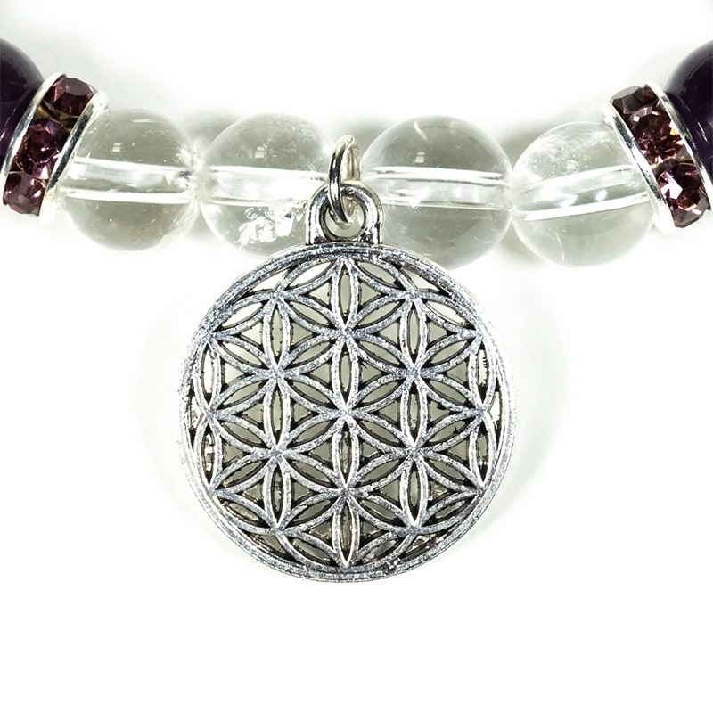 Bracelet Cristal de roche / Améthyste + fleur de vie de gros