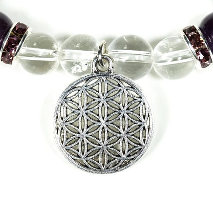 Bracelet Cristal de roche / Améthyste + fleur de vie de gros thumb