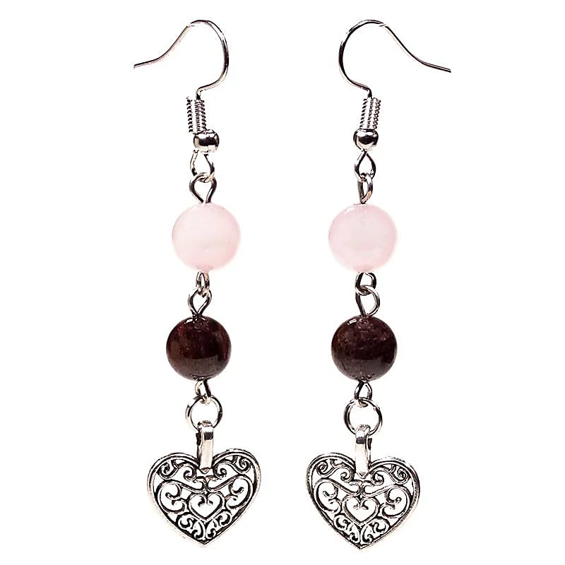 Pendientes granate/cuarzo rosa con corazón