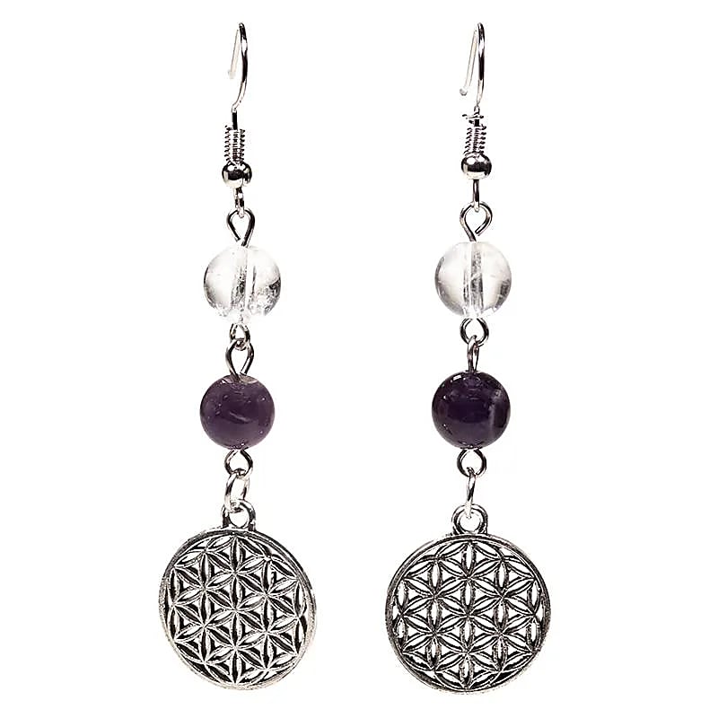Pendientes cristal de roca/amatista + flor de la vida
