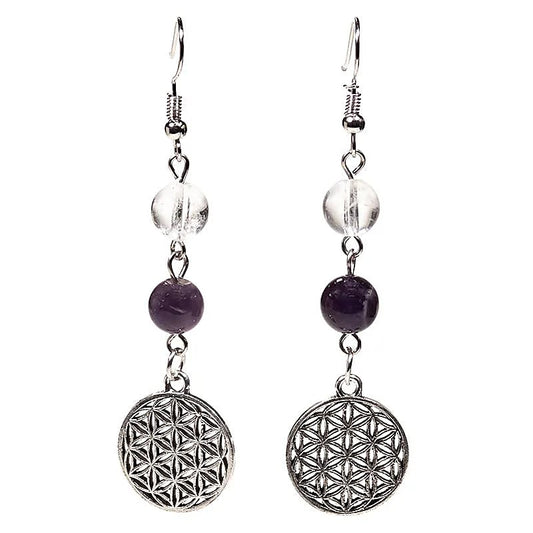 Pendientes cristal de roca/amatista + flor de la vida