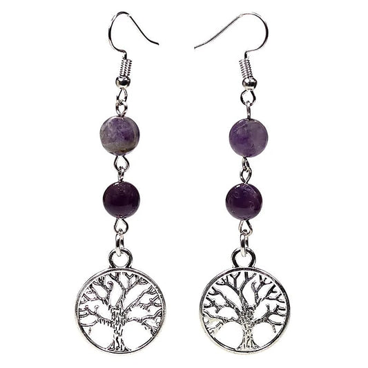 Boucles d'oreilles fluorite/améthyste arbre de vie