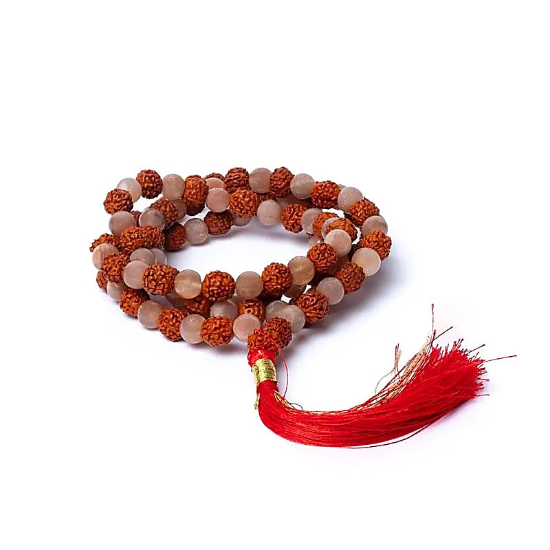 Mala peach moonstone/ rudraksha AA quality in pouch