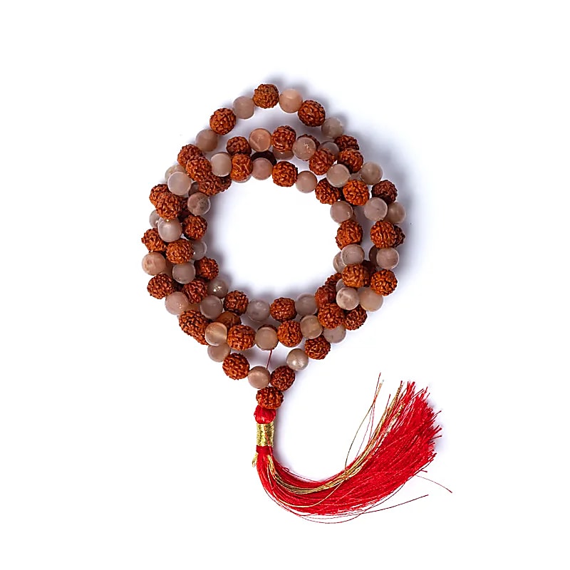 Mala peach moonstone/ rudraksha AA quality in pouch