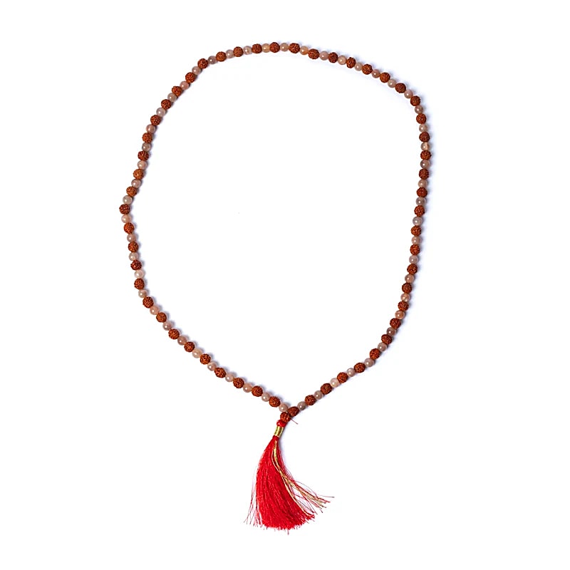 Buy Mala peach moonstone/ rudraksha AA quality in pouch