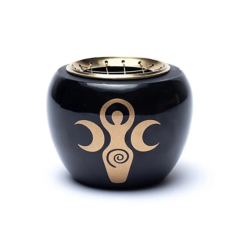 Incense burner black & gold goddess symbol
