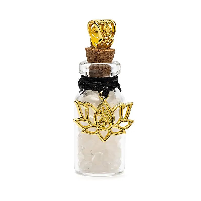 Geschenkfläschchen am Band mit Bergkristall und Lotusblume