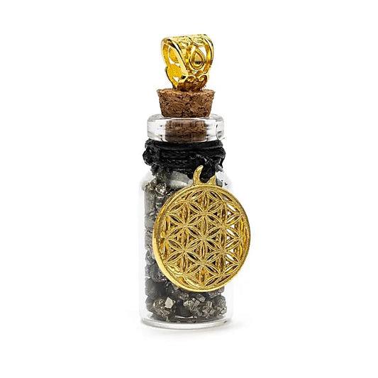 Boccettina regalo con pirite e Fiore della vita