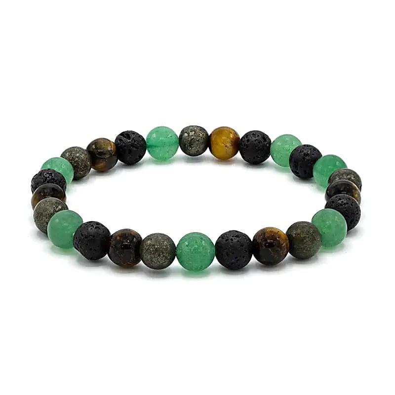 Bracelet pour poignet large en quartz vert, pierre de lave, œil de tigre et pyrite