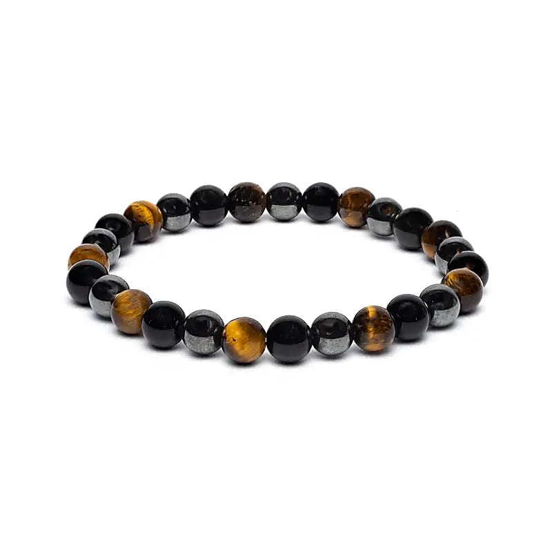 Armband voor brede pols met tijgeroog, hematiet en obsidiaan