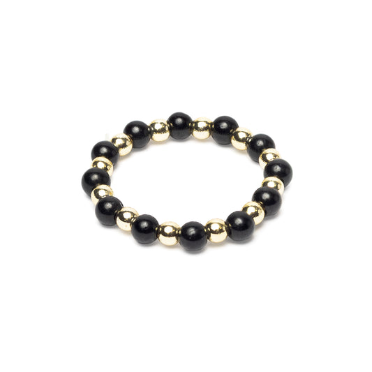 Anillo elástico turmalina negra & hematites dorada