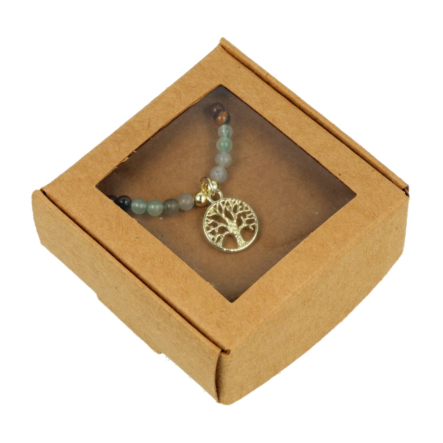 Verstelbare halsketting levensboom, rookobsidiaan, tijgeroog, labradoriet & aventurijn - 12735 Gemstone