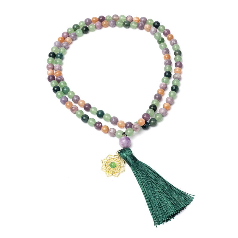 Mala moss agate, green aventurine, lepidolite, sunstone & mandala pendant