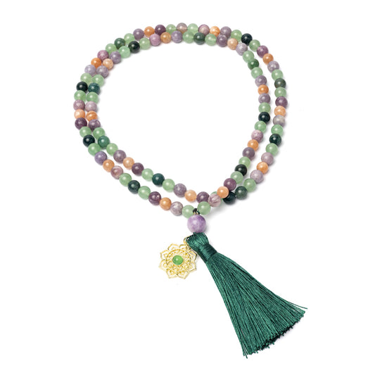 Mala agata muschiata, avventurina verde, lepidolite, pietra del sole e pendente mandala
