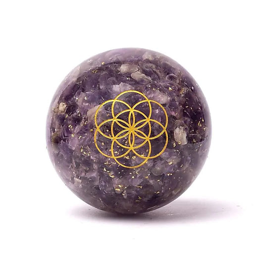 Orgonit Kugel Amethyst mit Blume des Lebens