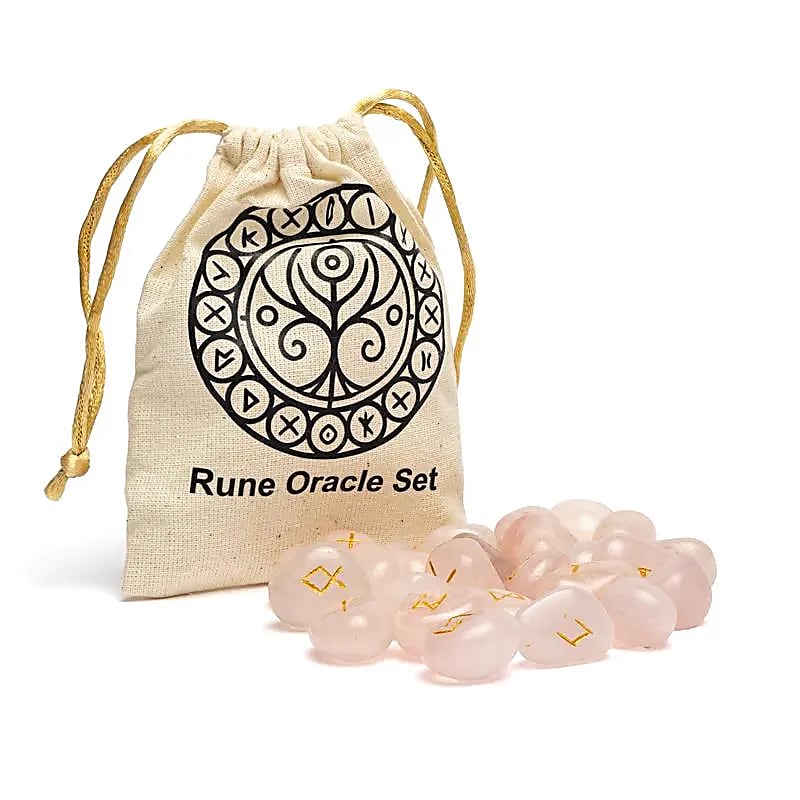Set oracolo runico quarzo rosa in sacchetto di cotone