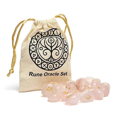 Set oracolo runico quarzo rosa in sacchetto di cotone thumb