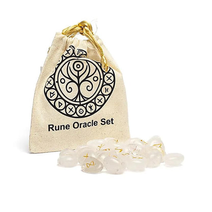 Set oráculo rúnico de cristal de roca en bolsa de algodón thumb