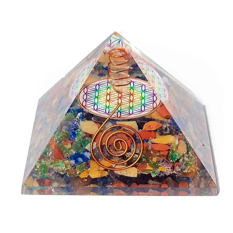 Piramide Tormalina con punta di Cristallo e Fiore della vita