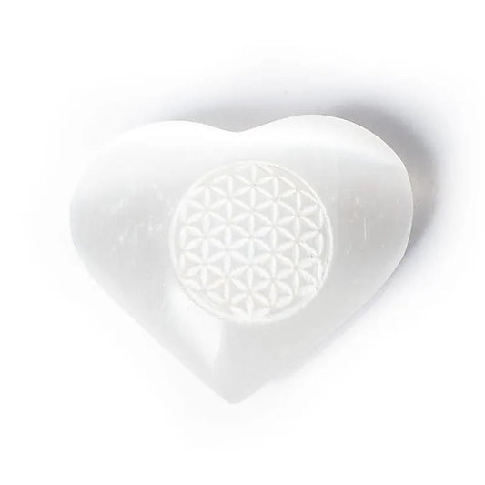 Selenite heart with flower of life worry stone