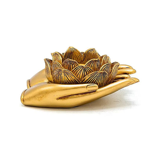 Teelichthalter Lotus Hände goldfarben
