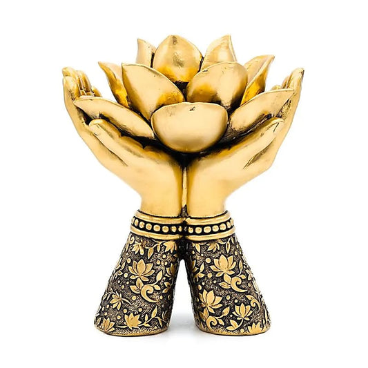 Teelichthalter Lotus-Hände stehend goldfarben