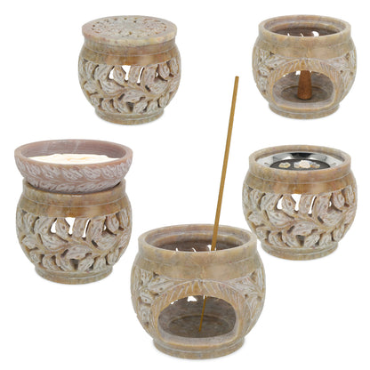 Brûleur multi-usages en stéatite marbrée motif floral de gros thumb