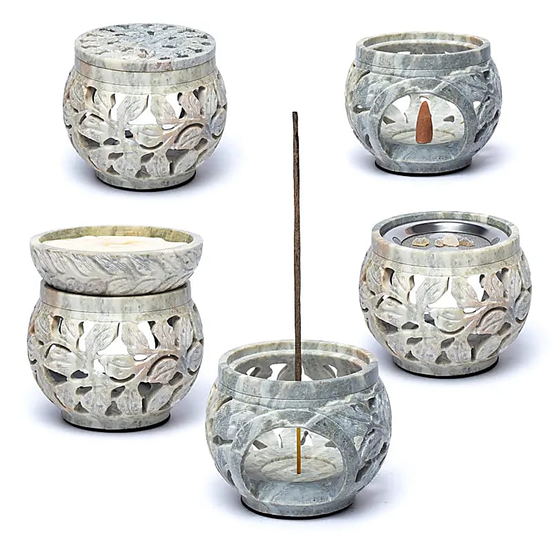 Mehrzweckbrenner aus marmoriertem Speckstein mit Blumenmotiv