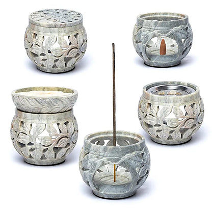 Mehrzweckbrenner aus marmoriertem Speckstein mit Blumenmotiv großhandel thumb