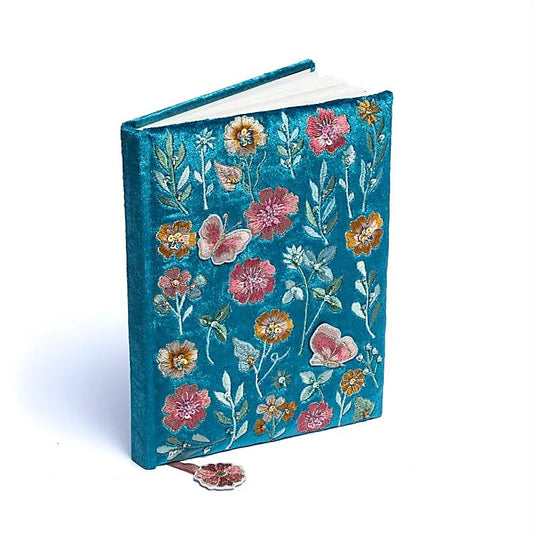 Notitieboek fluweel blauw met bloemen
